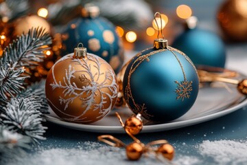 Wall Mural - Colorful ornaments and festive decorations create a warm holiday atmosphere on a winter table setting