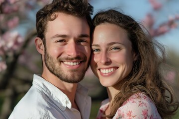 Wall Mural - A man and a woman are smiling at the camera. The man is wearing a white shirt and the woman is wearing a pink shirt. They are standing in front of a tree with pink flowers