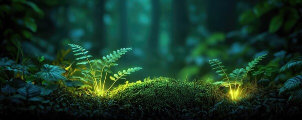 Poster - Glow forest concept. Vibrant ferns illuminated in a lush, green forest environment at dusk.