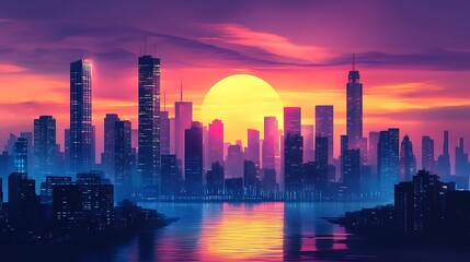 Wall Mural - Sunset Cityscape: Vibrant Hues over Metropolis