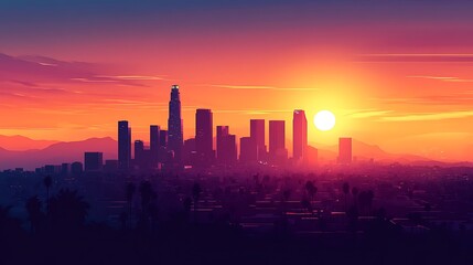 Wall Mural - Los Angeles Sunset Skyline: A Vibrant Cityscape at Golden Hour