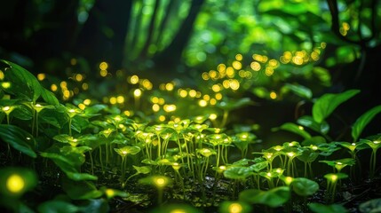 Sticker - Glow forest concept. A serene forest scene with glowing mushrooms under a lush canopy of green leaves.