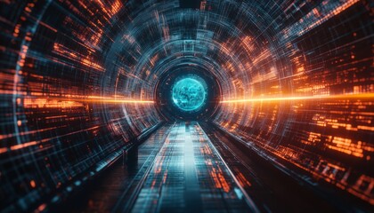 Aufkleber - futuristic tunnel with converging data streams visualized. technology and information concept.
