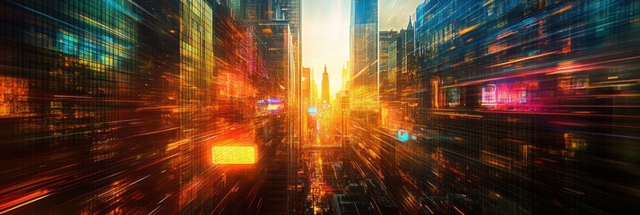 Fototapete - Futuristic cityscape with vibrant colors and high skyscrapers at sunset. Generative AI