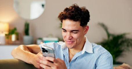 Poster - Phone, smile and social media with man on sofa in living room of home for browsing dating app profiles. Contact, relax and text message with happy person in apartment for mobile or online chatting