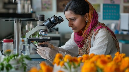 In a bright and colorful laboratory, a dedicated scientist examines plant specimens under a microscope