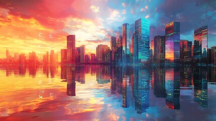 Wall Mural - Vibrant Cityscape at Sunset: A Stunning Reflection