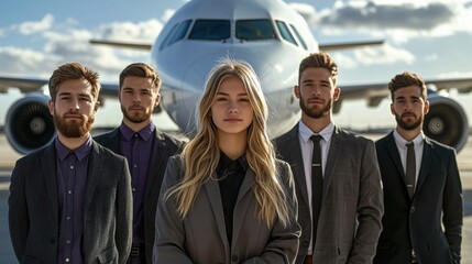 Poster - Professional Team of Engineers Posing Confidently in Front of an Airplane at the Airport with a Clear Sky