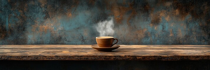 Aufkleber - Warm coffee cup with steam on rustic wooden table creating a cozy atmosphere in a casual setting. Generative AI