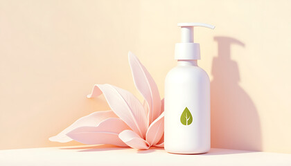 Wall Mural - Elegant skincare bottle with plant leaves on soft background