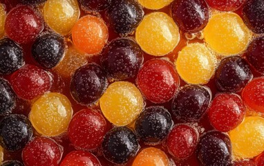 Colorful gummy candy background with close-up texture in red, yellow, orange, black, and purple.