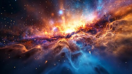 Poster - Vibrant cosmic energy exploding in dynamic nebula formation with fiery colors and particles