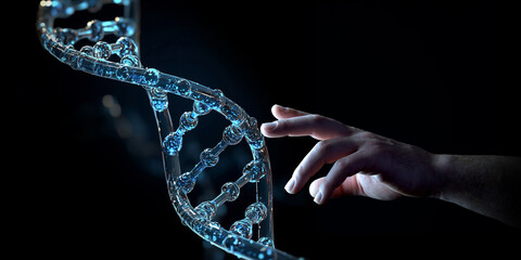 Aufkleber - Scientist hand touching DNA digital hologram on dark blue background. Generative ai DNA