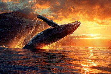 Canvas Print - Jumping humpback whale over water outdoors sunrise animal.