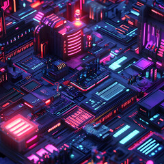 Fototapete - Digital City: A vibrant and intricate cityscape, illuminated by neon lights, evokes a sense of technological innovation and urban futurism.