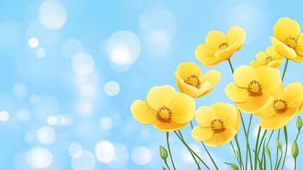 Poster - Yellow flowers on a light blue background, soft bokeh.  Possible use greeting card, website banner