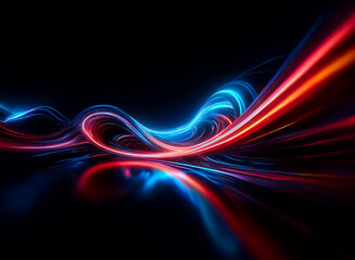 Fototapete - Vibrant, dynamic light trails of blue and red flow smoothly across a black backdrop, creating an abstract and energetic visual.