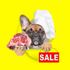 Poster - French bulldog wearing chef's hat looking through the hole in yellow paper and shows signboard with labeled 