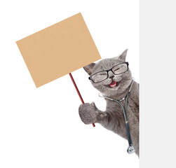 Poster - Happy cat dressed like a doctor with stethoscope on his neck looks from nehind blank white banner and shows blank placard. isolated on white background