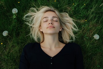 Wall Mural - A blonde woman is laying on the grass, looking up at the sky. She is in a relaxed and peaceful state