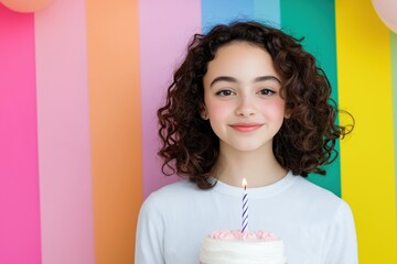 Poster - A girl is holding a birthday cake with a lit candle. She is smiling and looking at the camera