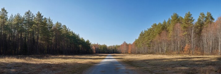 Poster - Straight road stretches into a vibrant forest surrounded by colorful autumn foliage under a clear blue sky. Generative AI