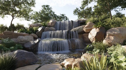 Aufkleber - Majestic waterfall cascading over rocks in a serene garden setting during bright daylight. Generative AI