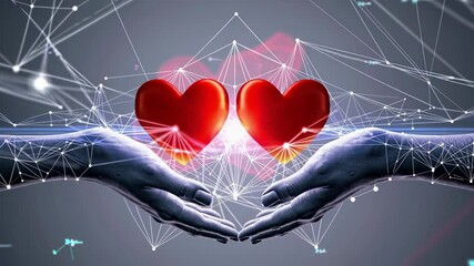 Poster - two hands holding red hearts symbolize love and connection in the digital age, with a network of int