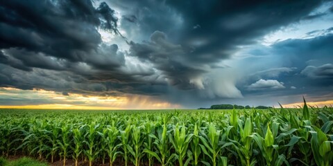 Wall Mural - Dark stormy clouds looming over a tasseling corn crop plantation field in summer, harvest, landscape,  harvest, landscape, summer