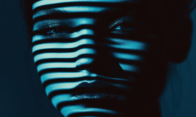 Poster - Exploring Emotions Through Shadows: A Striking Portrait Using Blue Light and Striped Patterns to Enhance Facial Features and Create Depth in Artistic Photography