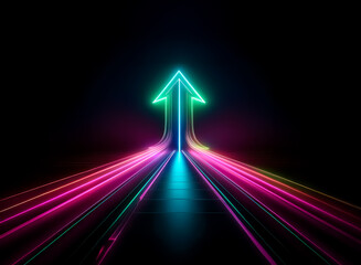 Aufkleber - a vibrant teal neon arrow ascends against a dark backdrop, trailed by pink and blue light streaks, s