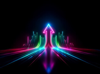 Poster - a vibrant neon arrow points upward, surrounded by colorful light streaks against a dark backdrop, cr