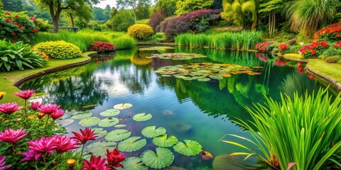 Wall Mural - serene water pond with colorful aquatic plants surrounding it in a lush green garden