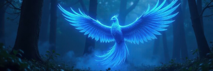 Glowing blue phoenix ascends, smoke swirls, night woods, glowing, nature