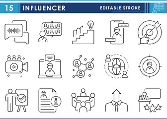 Leinwandbilder - A set of line icons related to Influencer. People, chat, business, talk, influence, learn, knowledge, strategy, development, management, and so on. Vector editable stroke.