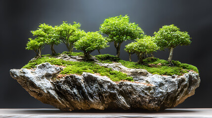 Poster - A serene landscape featuring lush green trees growing on a textured rock, beautifully illuminated against a dark background