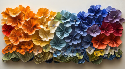 Poster - A vibrant arrangement of multicolored paper flowers, showcasing a gradient of hues from orange to blue, beautifully crafted for decorative purposes