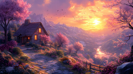 Poster - A picturesque scene featuring a cozy cottage surrounded by blooming trees, with a vibrant sunset illuminating the landscape