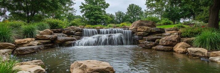 Aufkleber - Waterfall cascading over rocks in a serene garden setting with lush greenery and calm reflections. Generative AI
