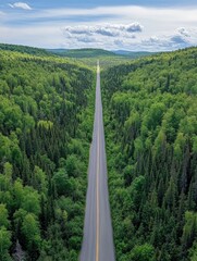 Aufkleber - Road winding through lush green forest leading to distant mountains and blue sky with scattered clouds. Generative AI