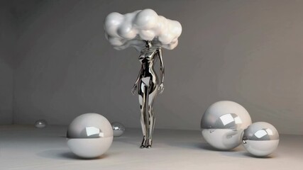 Poster - chrome mannequin with a cloud for a head stands beside two reflective spheres in a minimalist, abstr