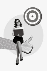 Poster - Photo collage of young successful entrepreneur business lady sit big thumb up approval vacancy reach target success isolated on drawing background