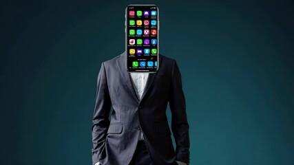 Poster - surreal image depicting a businessman using a smartphone as his head, symbolizing the overwhelming p