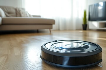 Robot Vacuum Cleaner cleaning the room. Robotic vacuum cleaner working. Cutting edge Smart Cleaner. Efficiently clean up of hardwood floors. New technologies, automatic assistant. Future technology