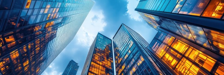 Poster - Futuristic cityscape featuring towering skyscrapers with reflective glass surfaces under a vibrant sky. Generative AI