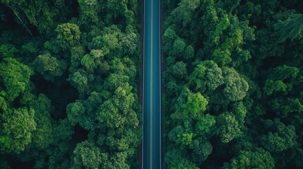 Aufkleber - Straight road leads into dense green forest providing a serene escape into nature. Generative AI