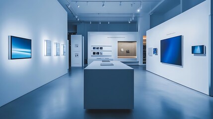 Aufkleber - Modern art gallery interior, empty, light blue tones, showcasing contemporary pieces. Possible use stock photography