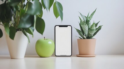 Aufkleber - Smartphone mockup with green apple and plants on white table