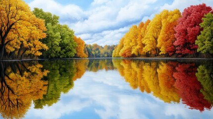 Wall Mural - A serene river reflects vibrant autumn foliage. Colorful trees in shades of yellow, orange, red, and green line the banks of the calm water. A