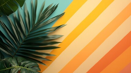 Poster - Tropical leaves on vibrant striped background